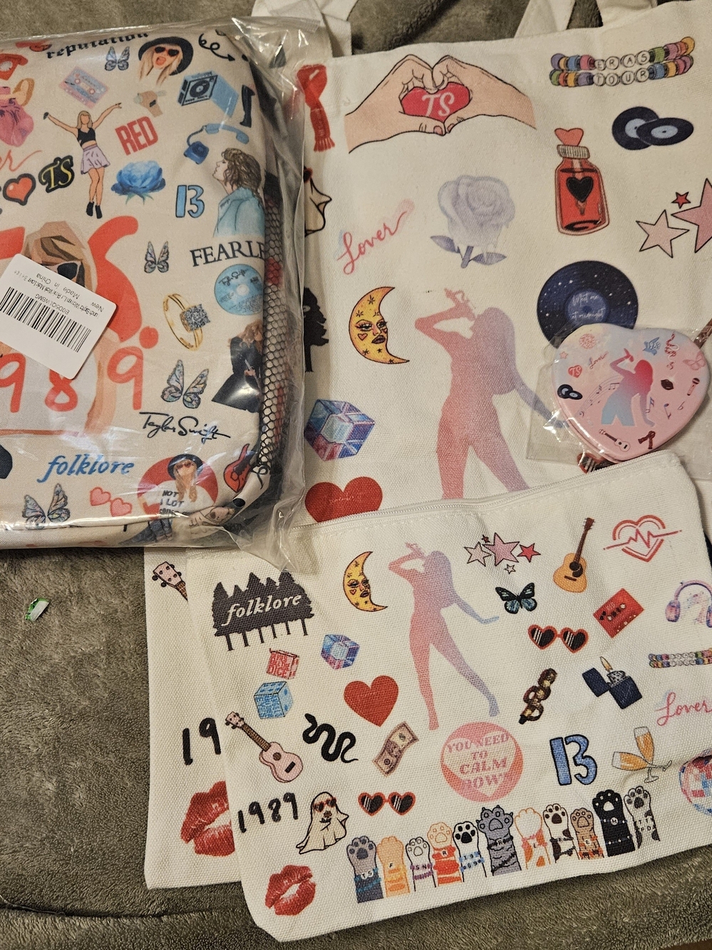 Taylor Swift Themed Sticker Print Tote & Pouches - Pink White Accents